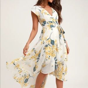 Lulu’s French Countryside White and Yellow Floral Print High-Low Dress